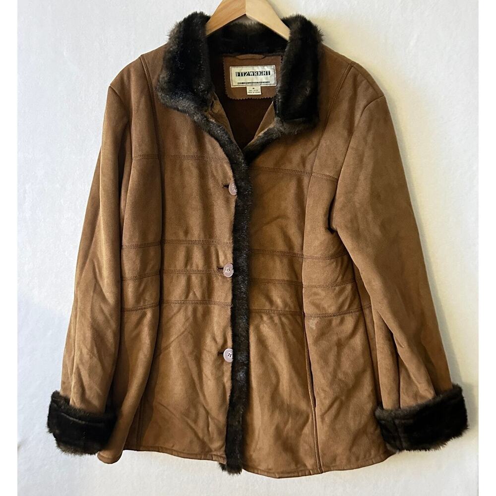 Vintage Fitz-Wright Brown Suede Leather Faux Shearling Lined Overcoat Sz Medium‎